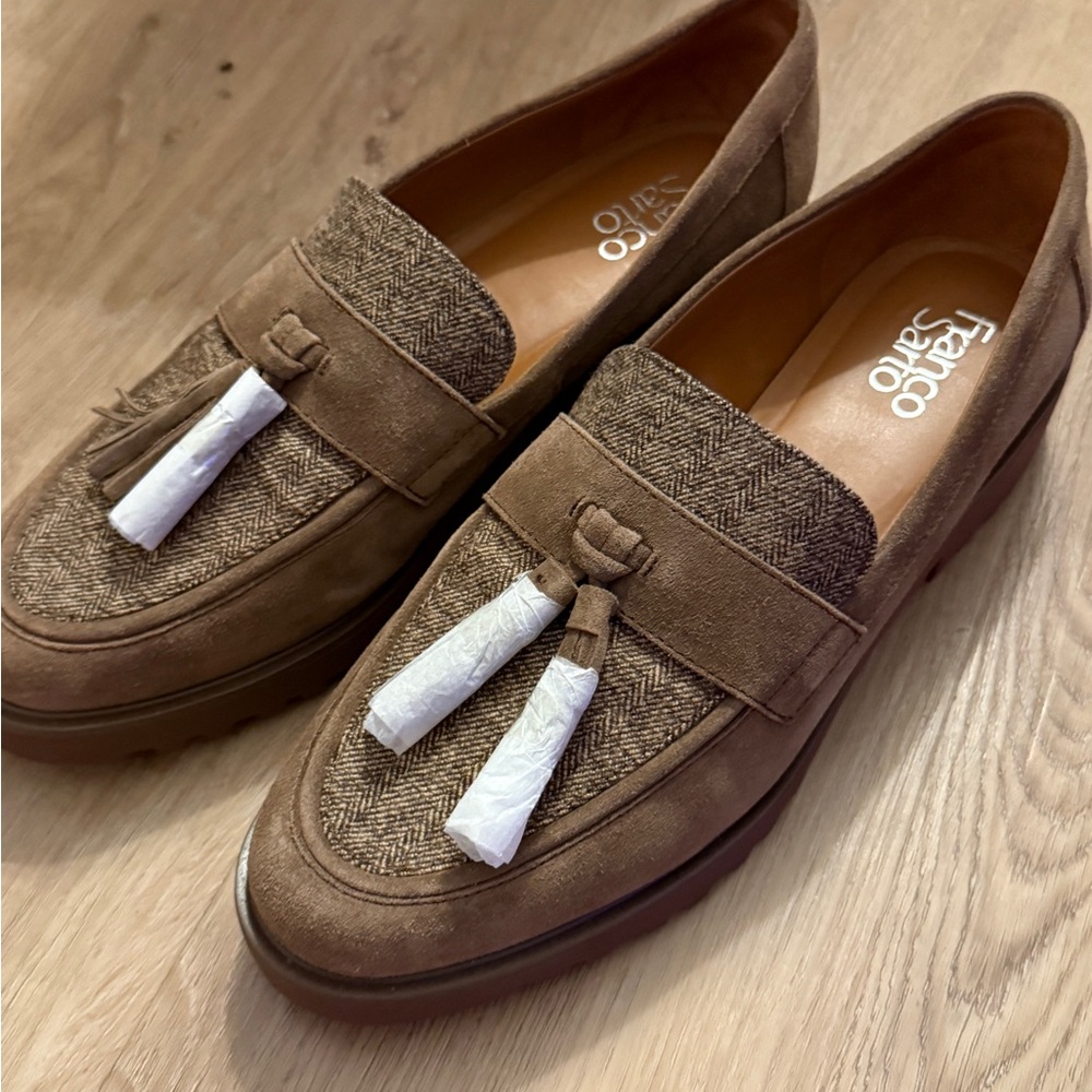 Franco Sarto Brown Suede Tweed Lug Sole Loafers with Tassels